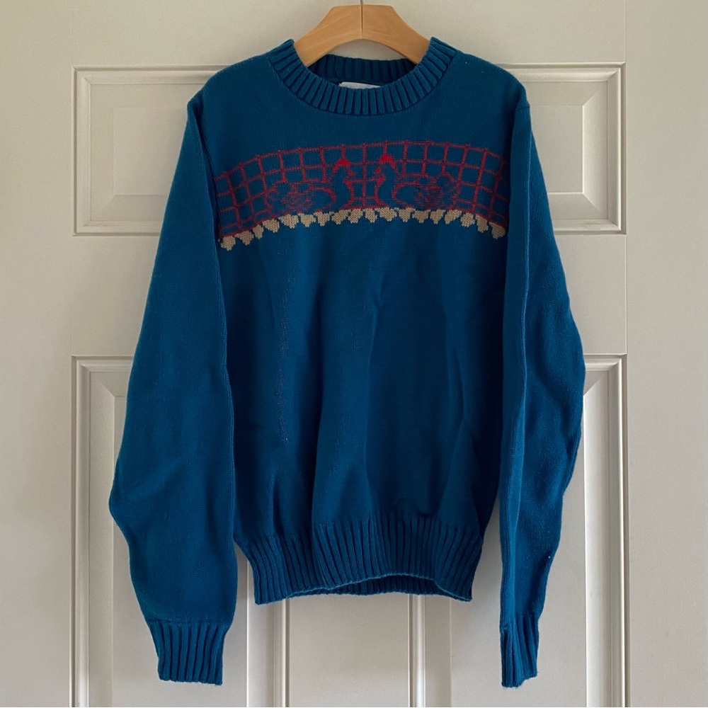Vintage 70s De Lanthe Rooster Sweater Small Blue Red Cottage Core Farmer Acrylic